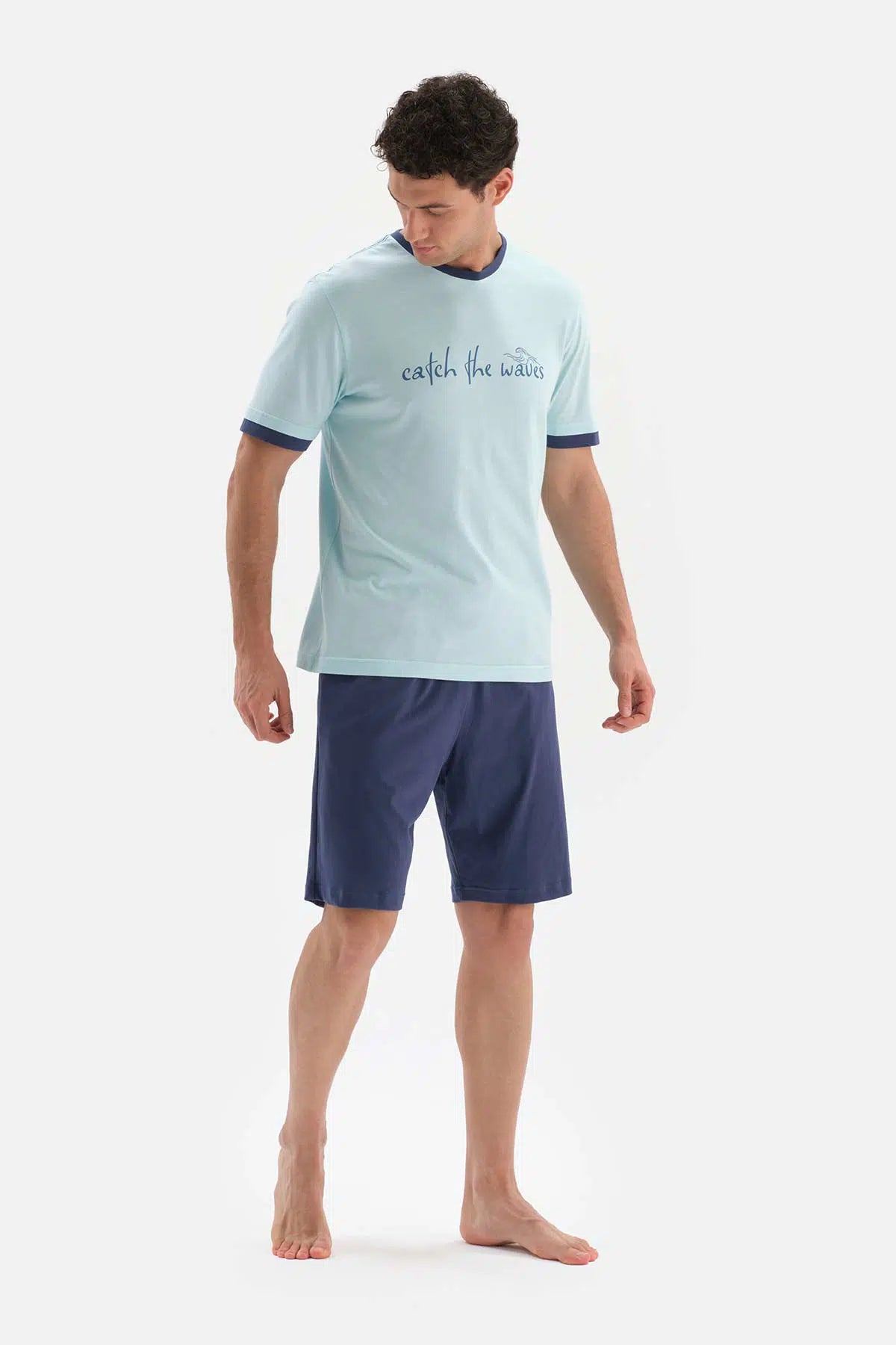 Açıkmavi Bis Yaka Slogan Baskılı Örme Pijama Takımı