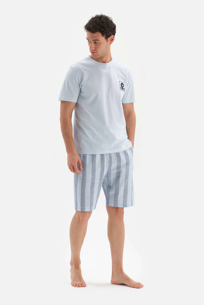 Açıkmavi Bis Yaka Baskı Detaylı Örme Pijama Takımı