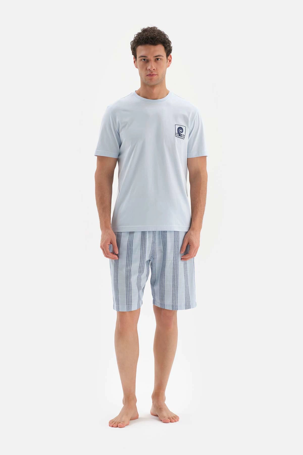 Açıkmavi Bis Yaka Baskı Detaylı Örme Pijama Takımı