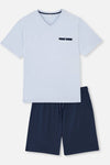 Açıkmavi V Yaka Kısa Kollu Örme Şortlu Pijama Takımı