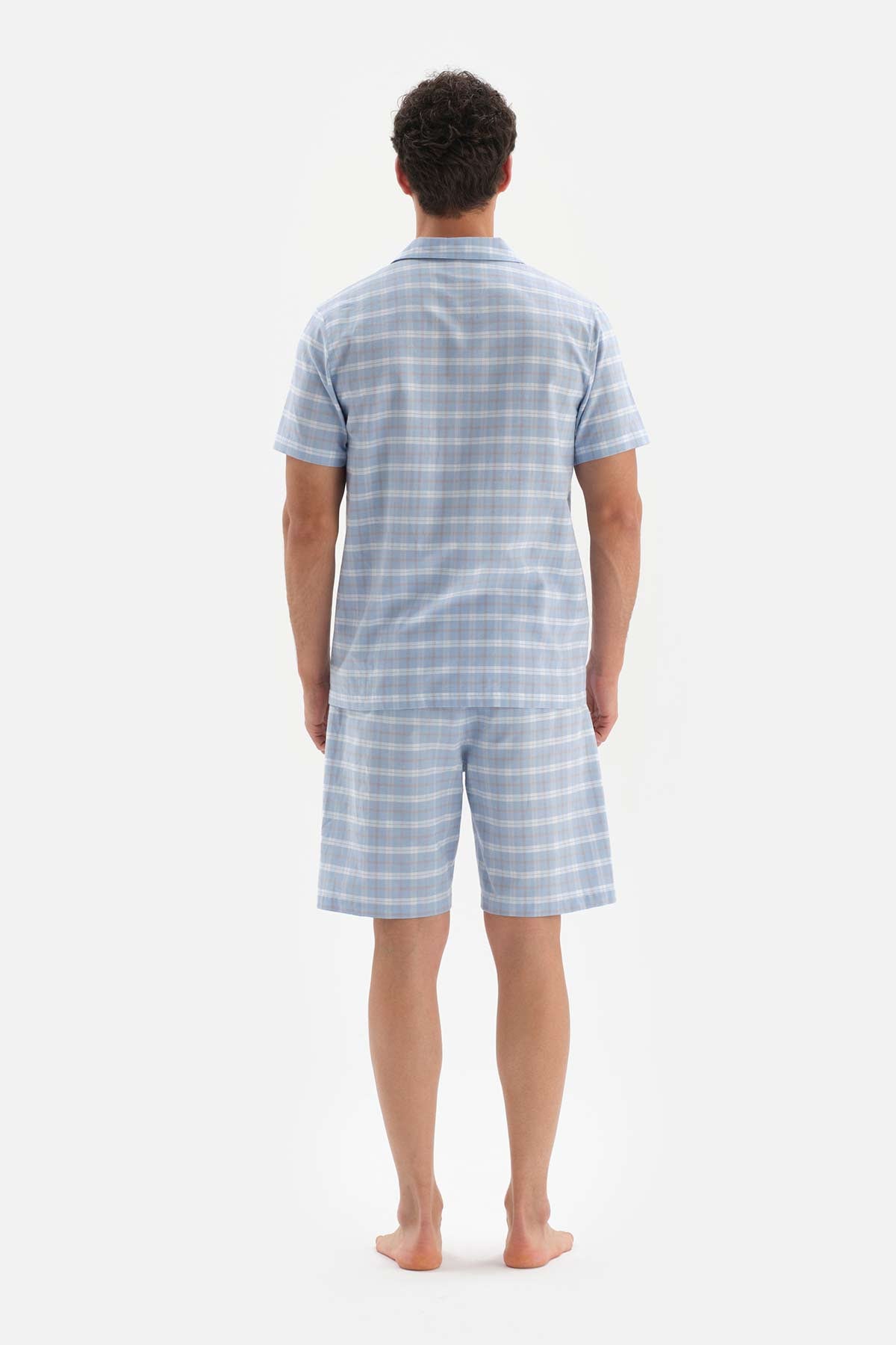 Açıkmavi Gömlek Yaka Ekose Dokuma Şortlu Pijama Takımı