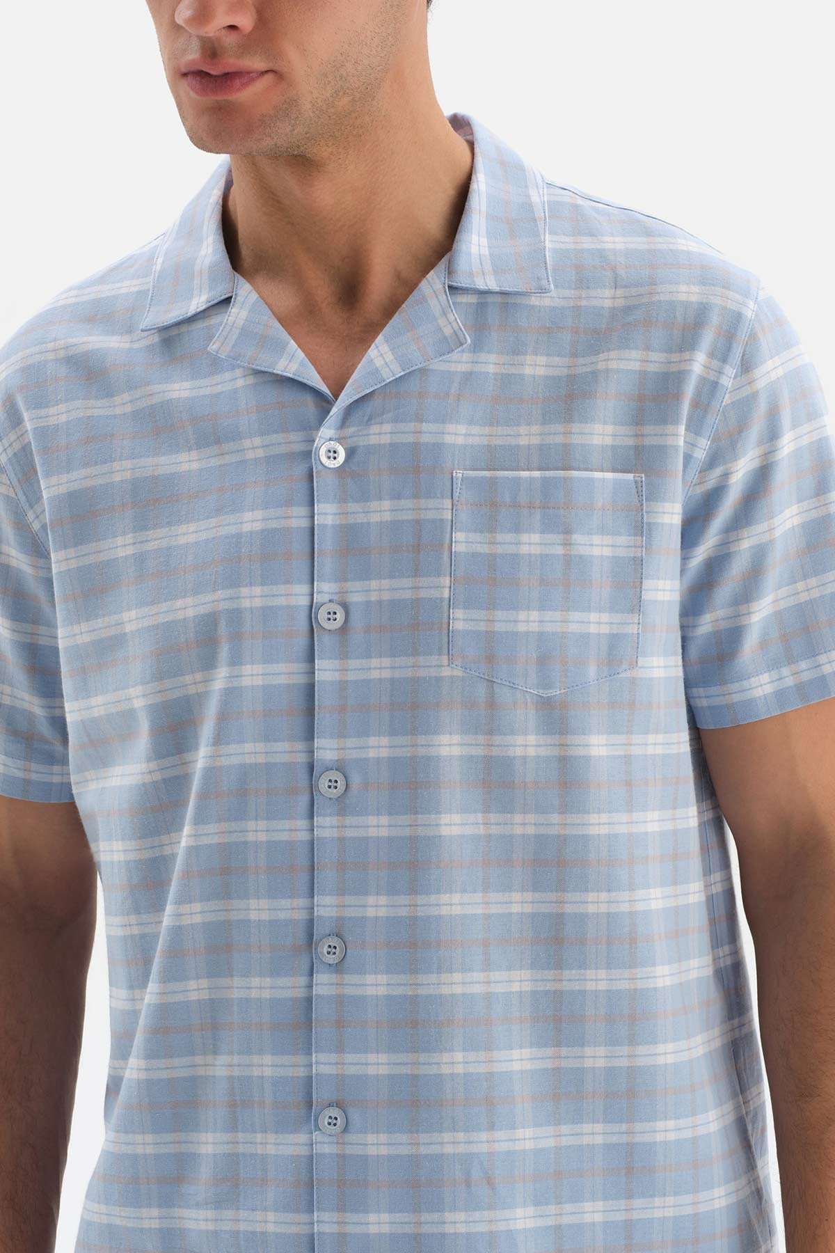 Açıkmavi Gömlek Yaka Ekose Dokuma Şortlu Pijama Takımı