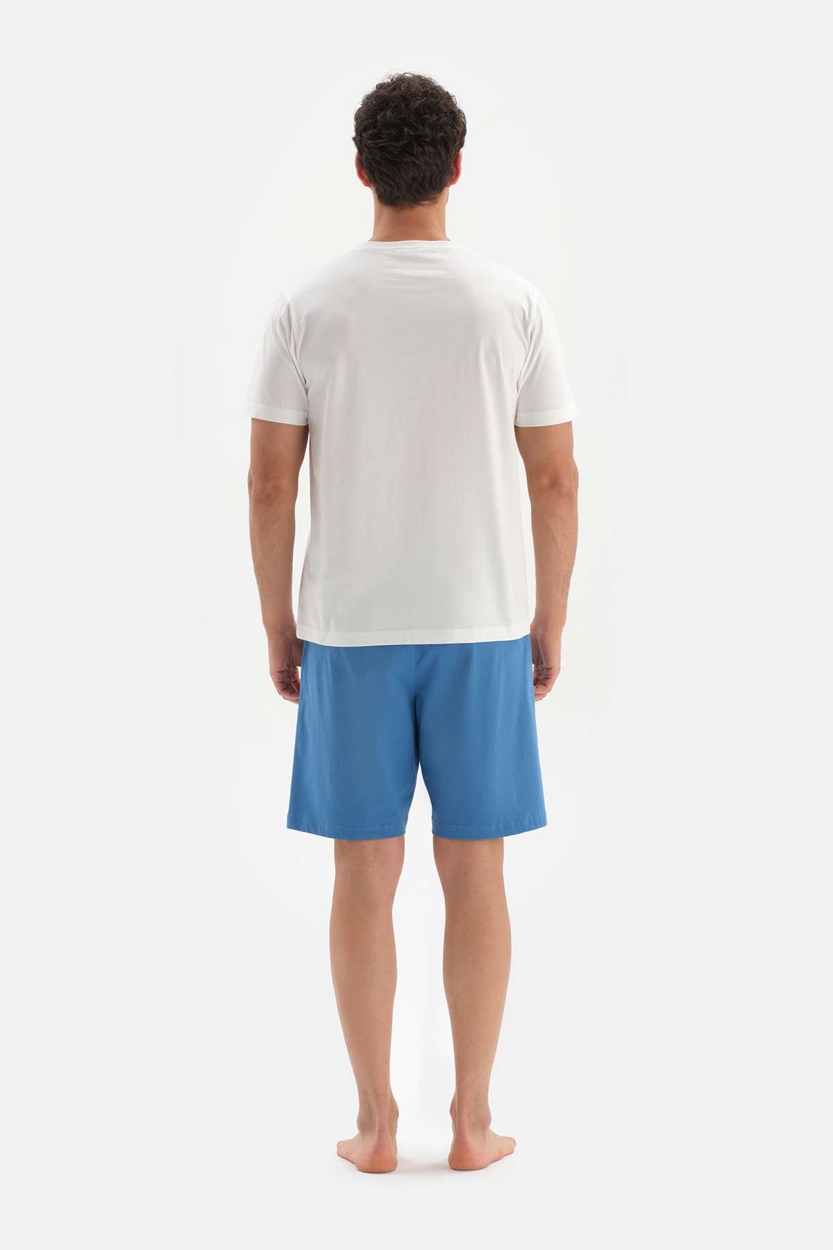 Ekru Bisiklet Yaka Baskılı Şortlu Pijama Takımı