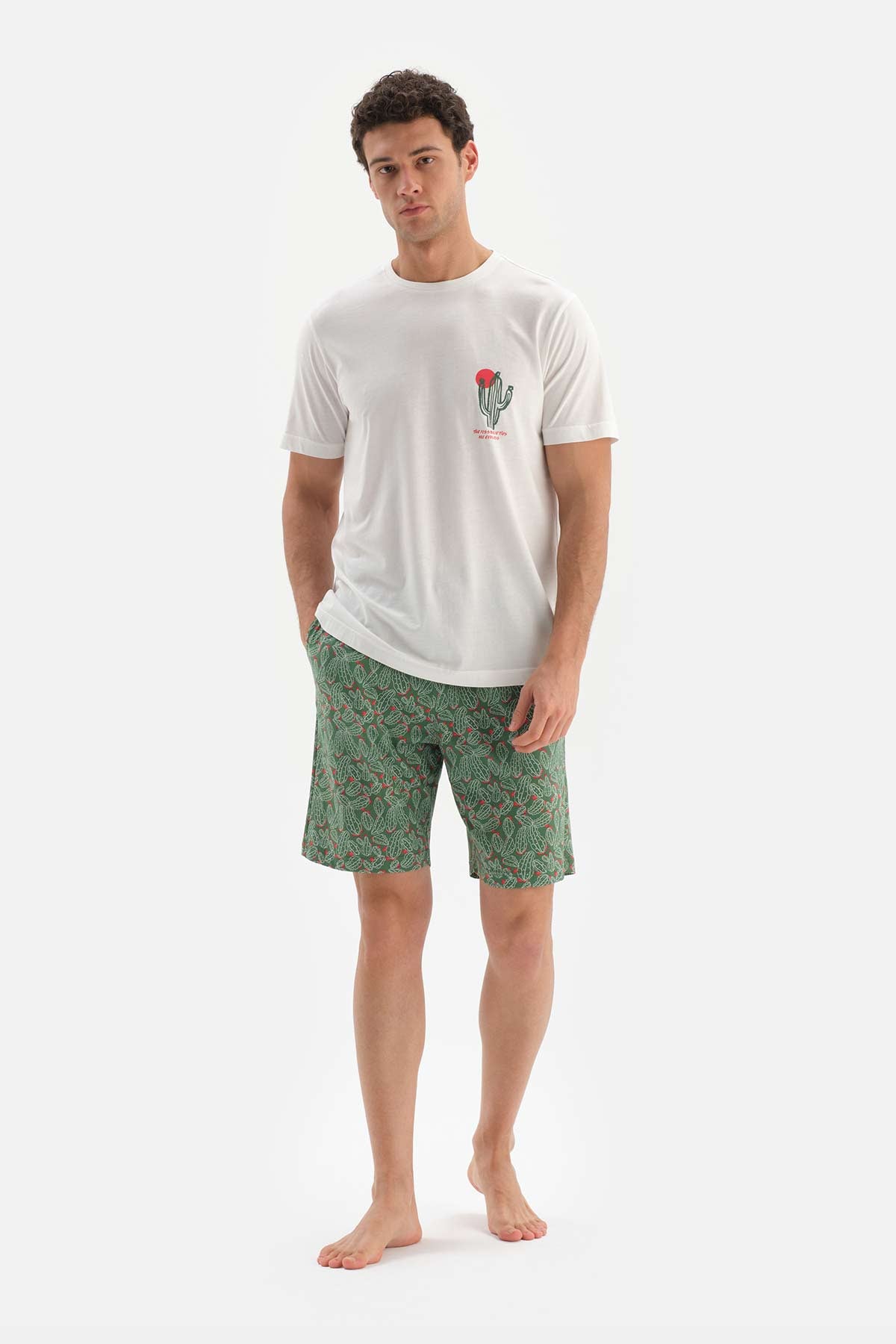 Ekru Bisiklet Yaka Baskılı Altı Şortlu Pijama Takımı