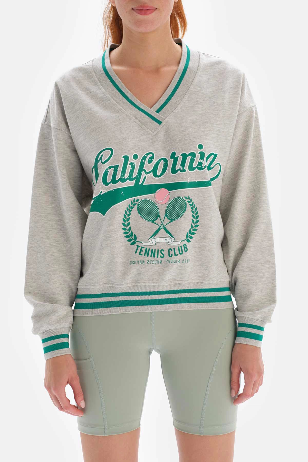 Gri Melanj Dagi Active Baskılı Oversize Sweatshirt