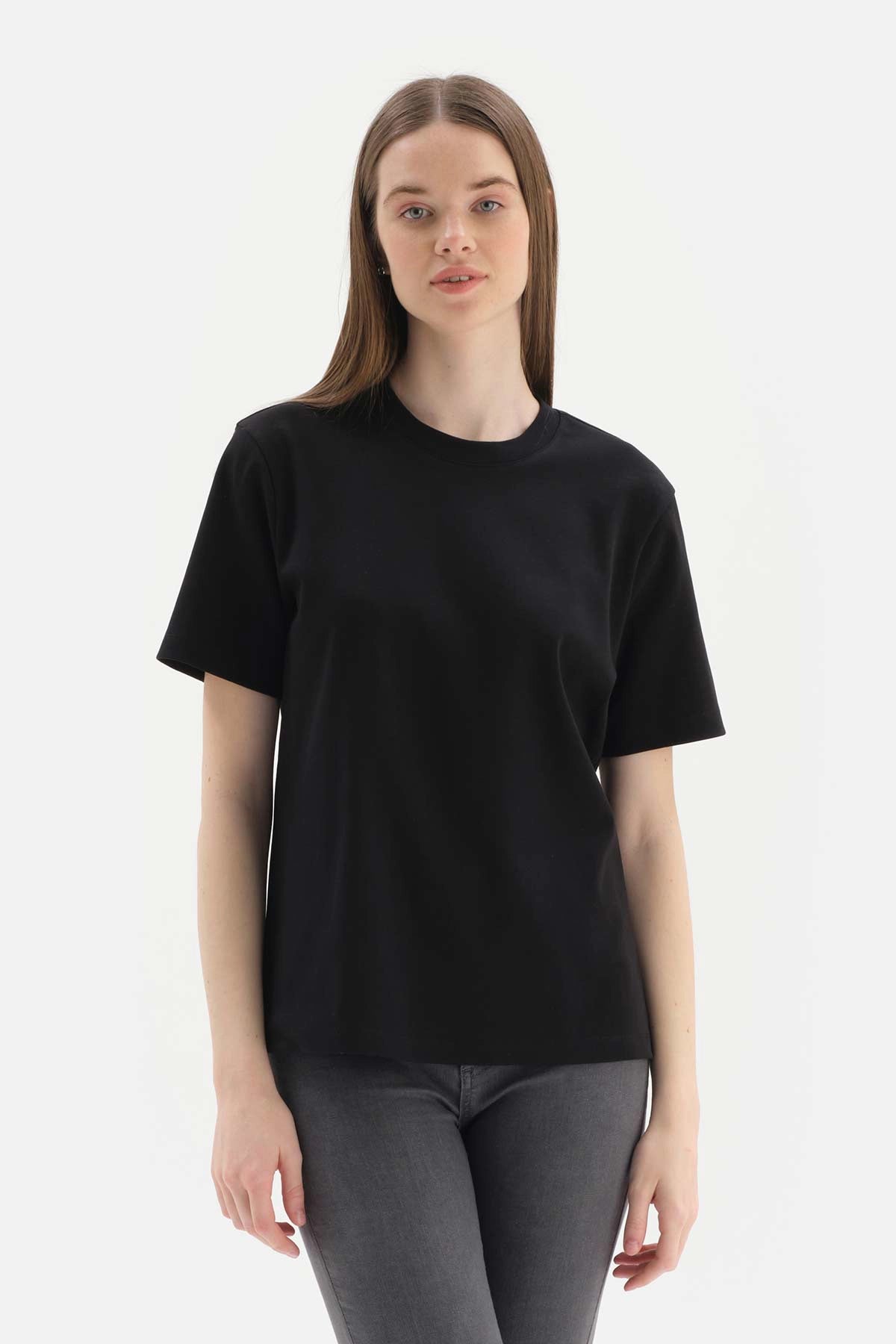 Siyah Bisiklet Yaka Kısa Kol Interlok Pamuklu T-Shirt