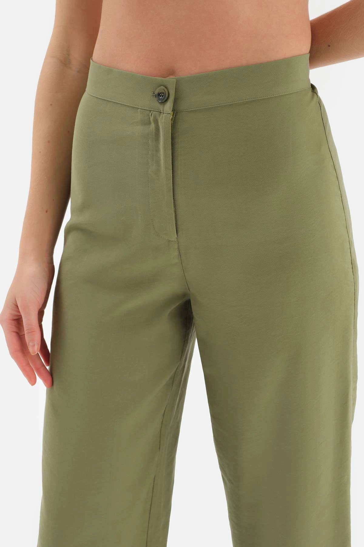 Haki Yüksek Bel Boru Paça Dokuma Pantolon