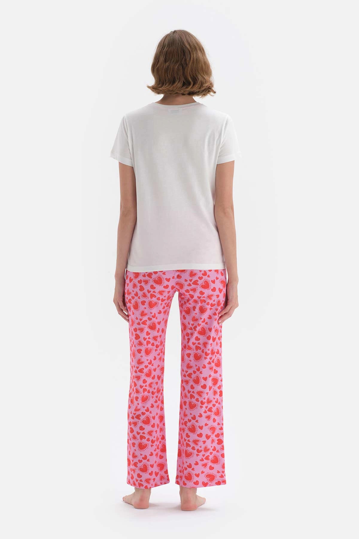 Beyaz Baskılı Kısa Kol Pamuklu Pijama Takımı