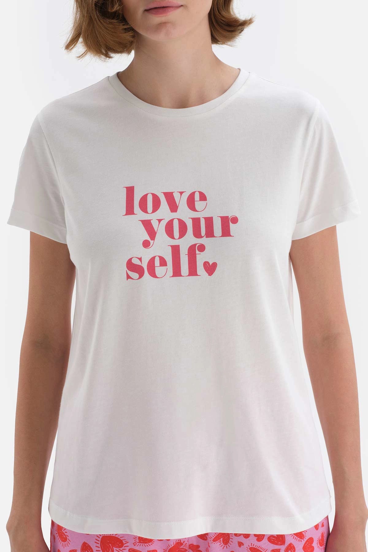 Beyaz Baskılı Kısa Kol Pamuklu Pijama Takımı