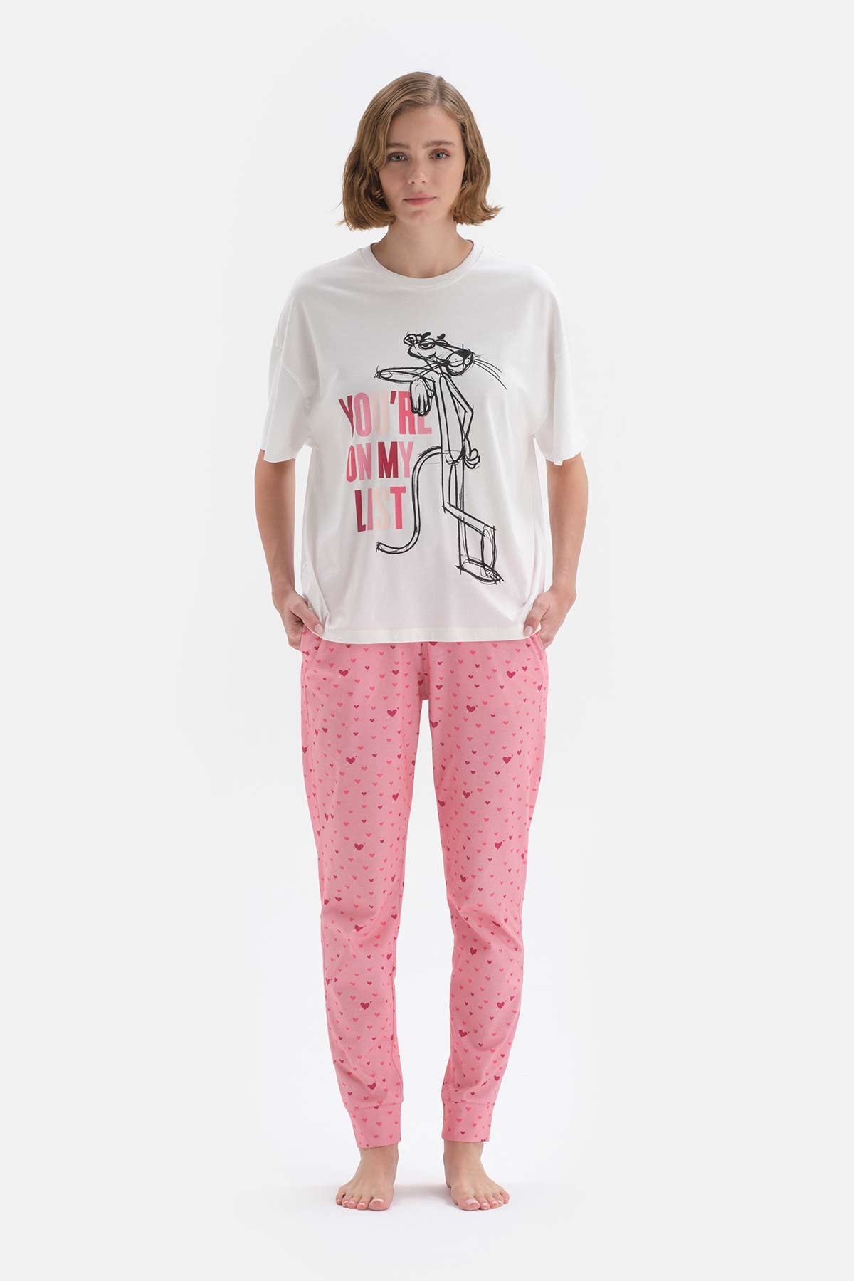 Beyaz Kısa Kol Panter Lisanslı Pamuklu Pijama Takımı