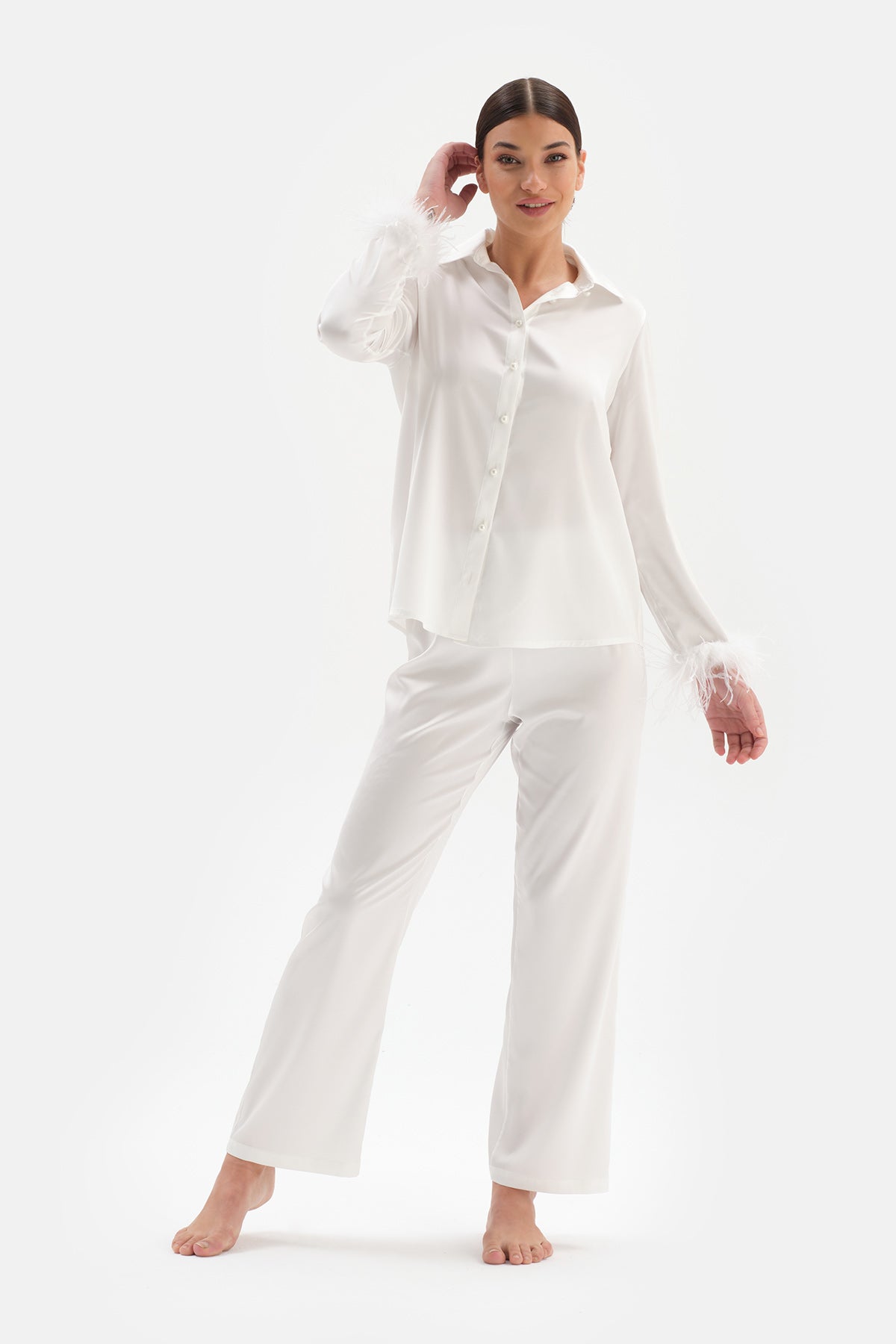 Beyaz Otrişli Bride Saten Pijama Takımı