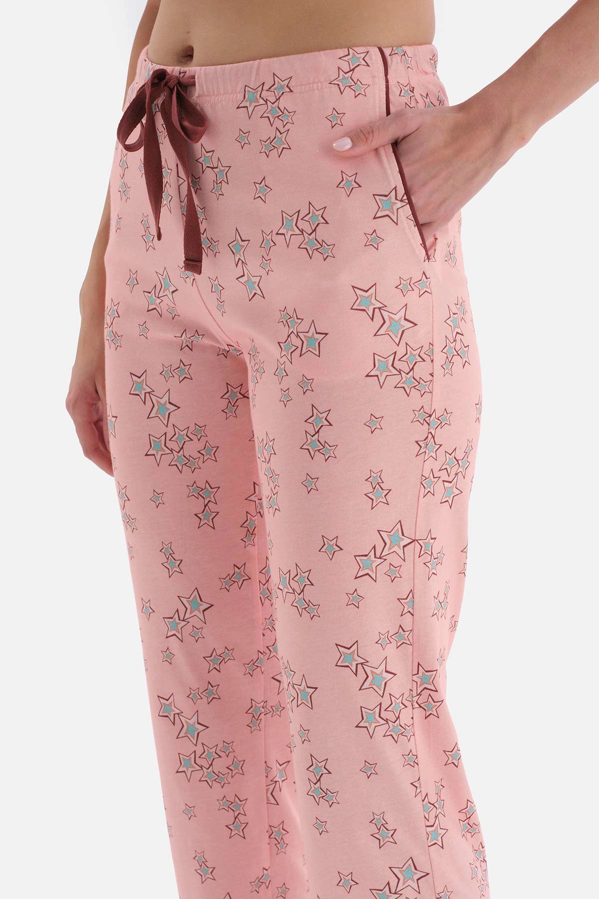 Açık Somon Yıldız Desenli Kısa Kol Pamuklu Pijama Takımı