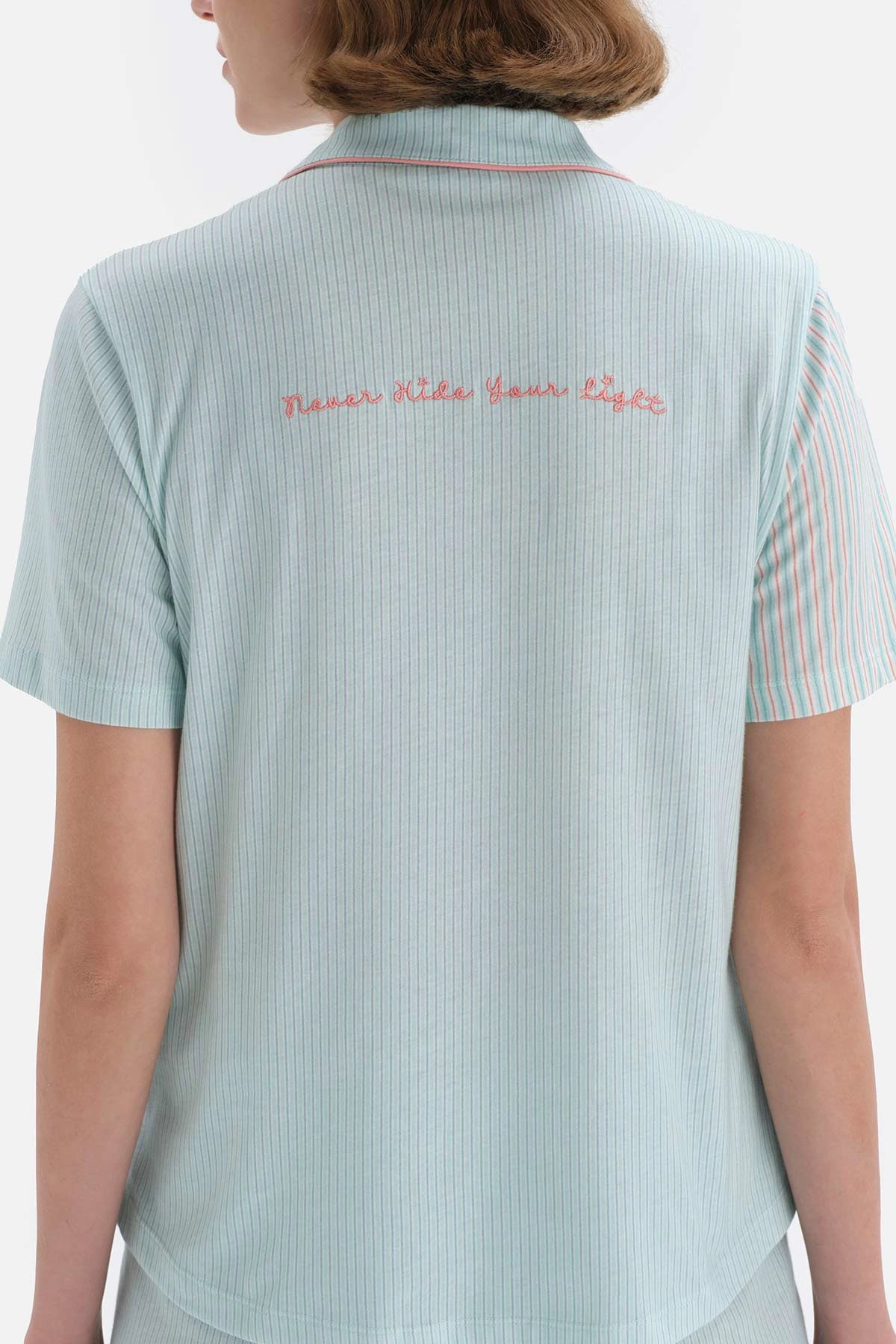 Turkuaz Çizgili Patchwork Kısa Kol Pamuklu Şortlu Pijama Takımı