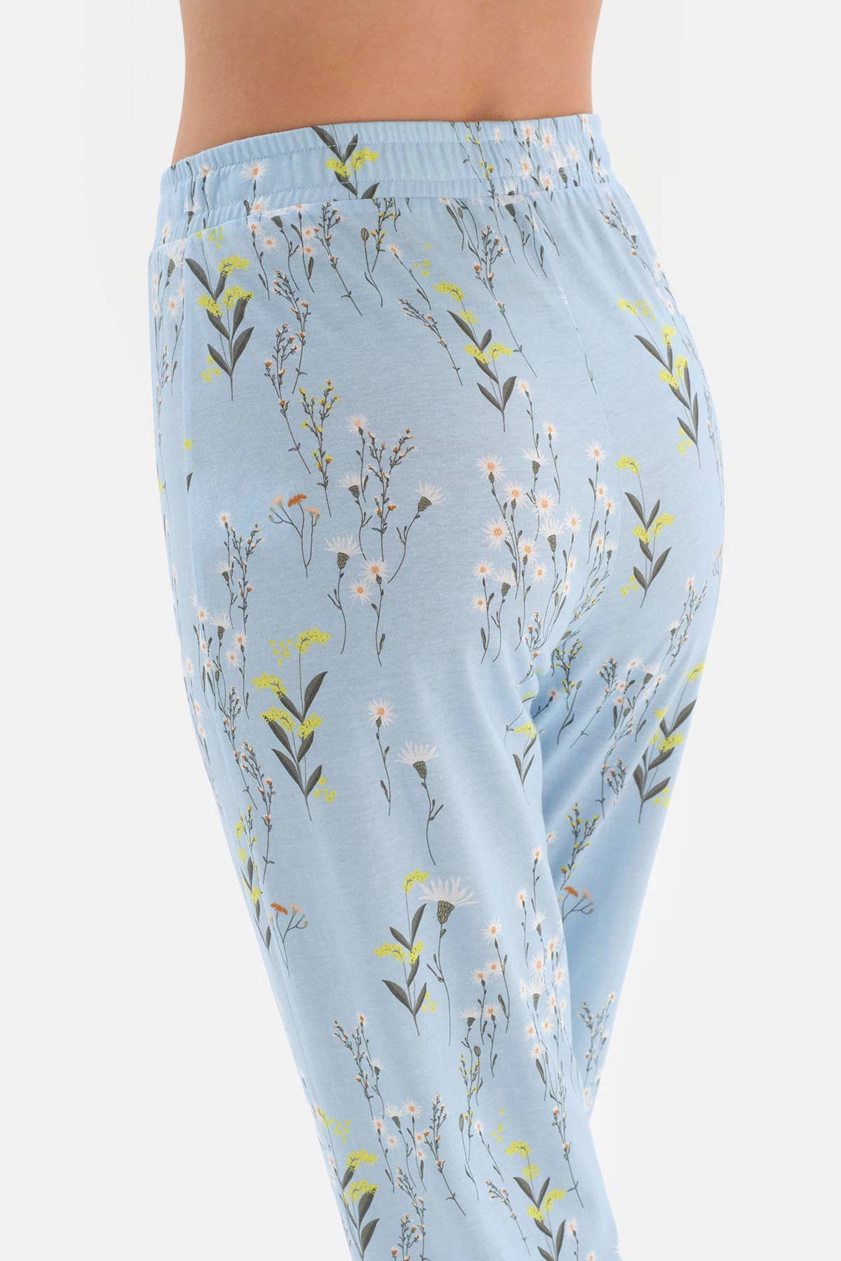 Açıkmavi Gömlek Yaka Çiçek Desenli Modal Pijama Takımı