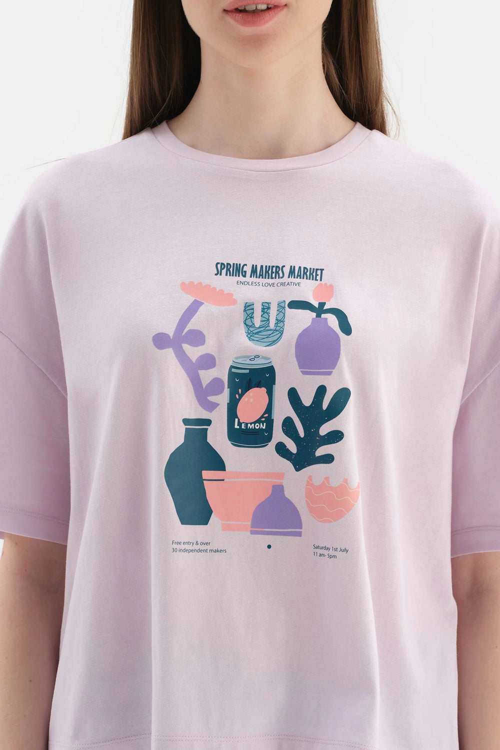 Açık Lila Baskılı Kısa Kol Pamuklu Şortlu Pijama Takımı