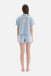 Açıkmavi Gömlek Yaka Baskı Detaylı Pamuklu Şortlu Pijama Takımı