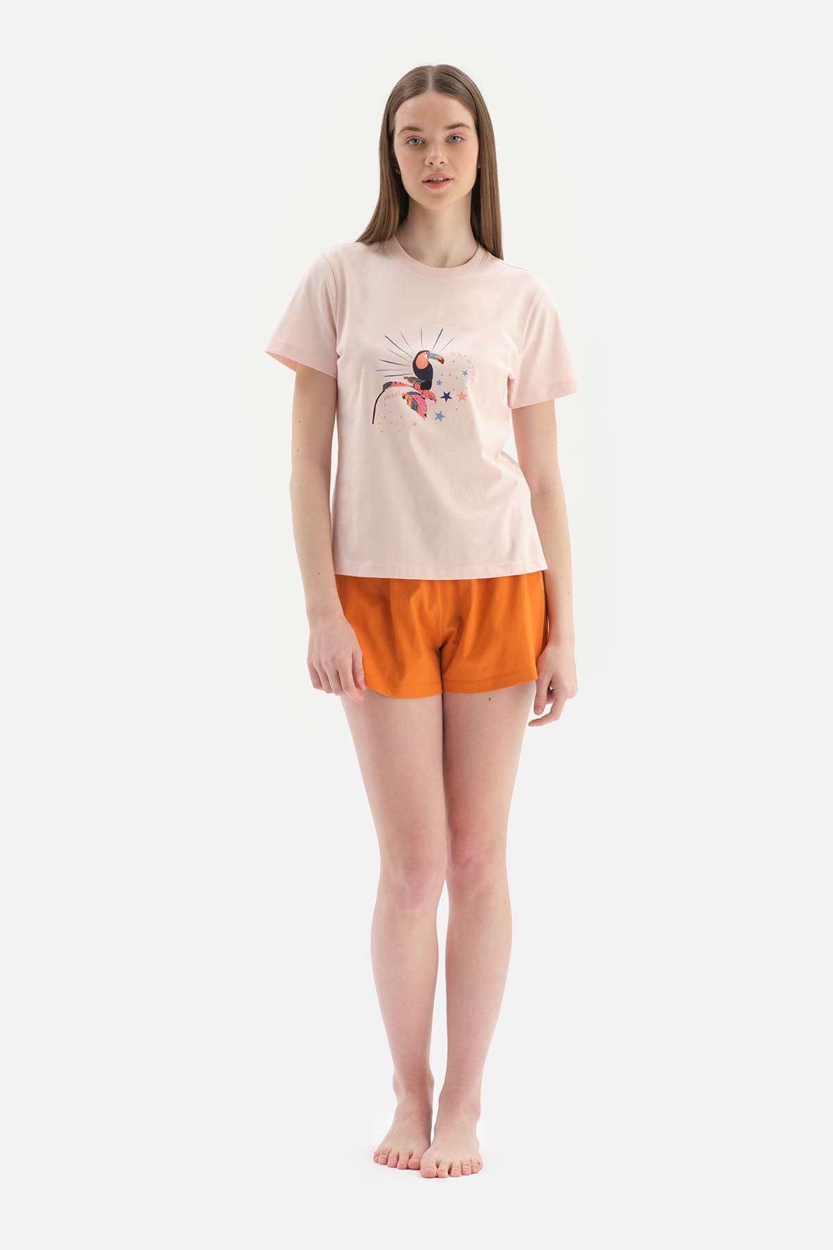 Açık Pembe Kısa Kollu Baskı Detaylı Şortlu Pijama Takımı