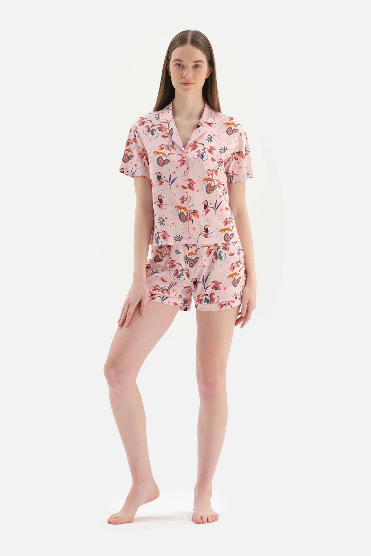 Açık Pembe Gömlek Yaka Şortlu Pijama Takımı