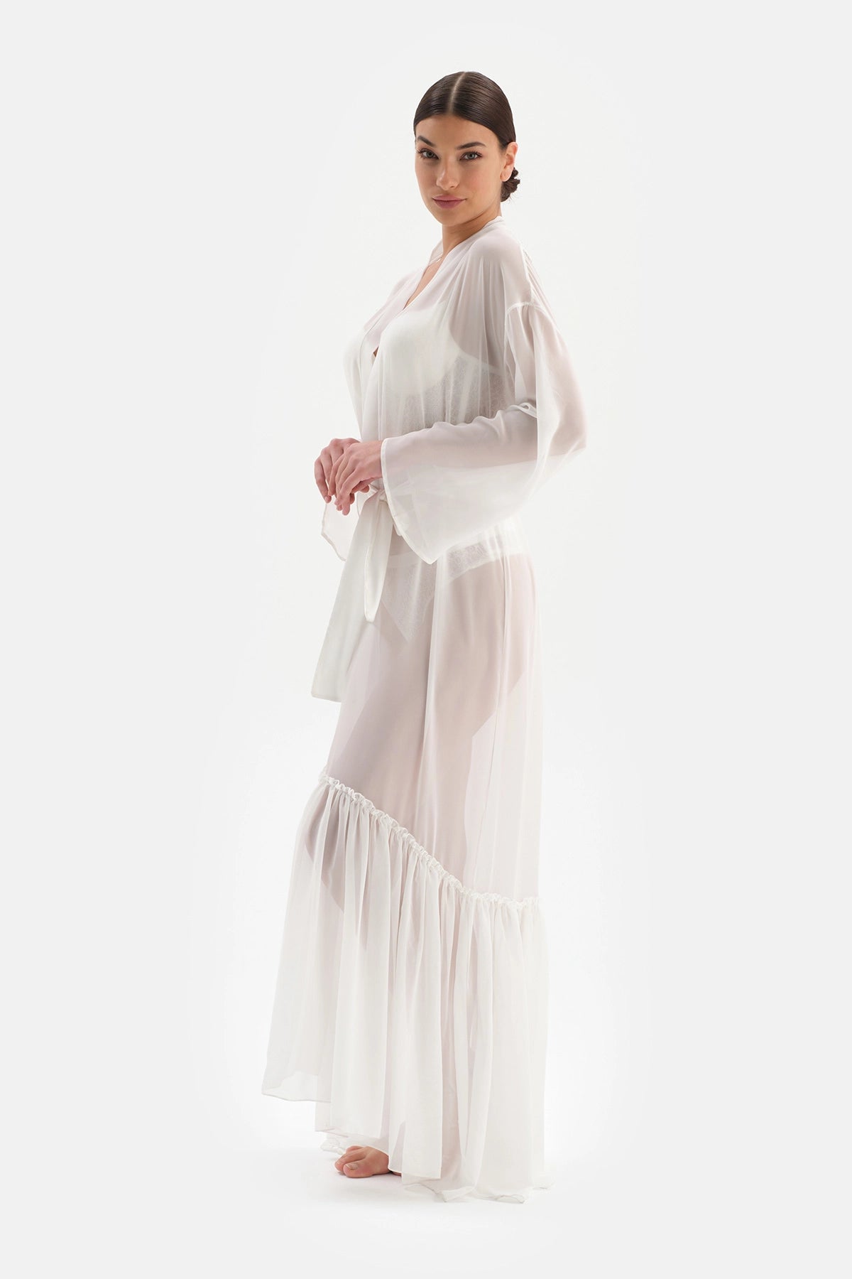 Beyaz Bride Dantel Detaylı Şifon Sabahlık