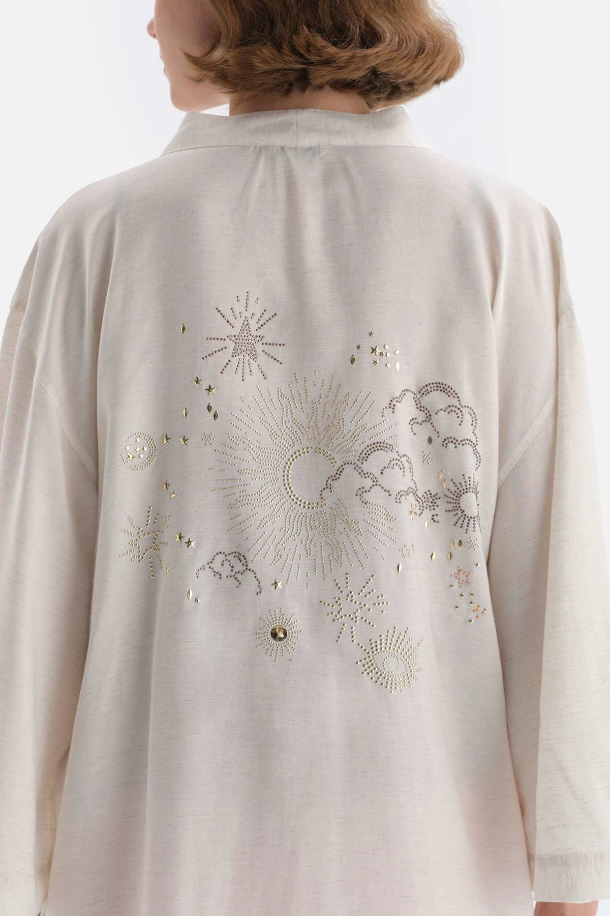 Taş Uzun Kol Sırt Detaylı Viskon-Keten Sabahlık