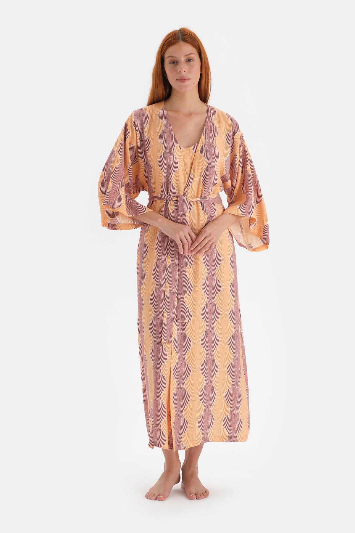 Sarı Desenli Simli Saten Sabahlık