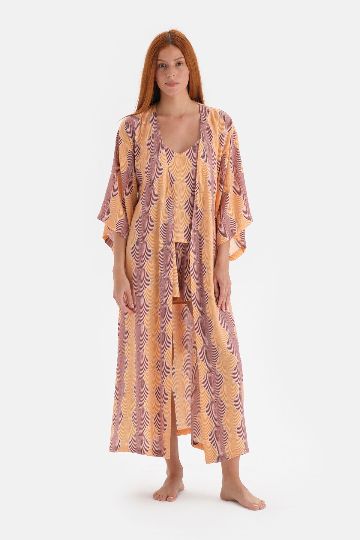 Sarı Desenli Simli Saten Sabahlık