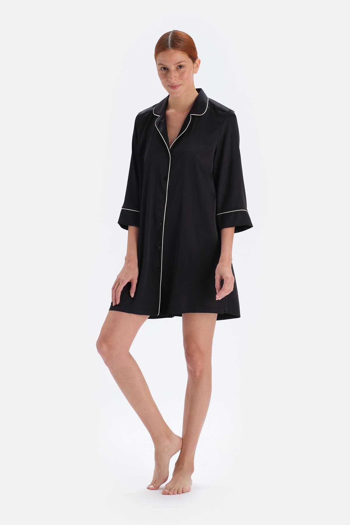 Siyah Biye Detaylı Gömlek Yaka Bride Saten Gecelik