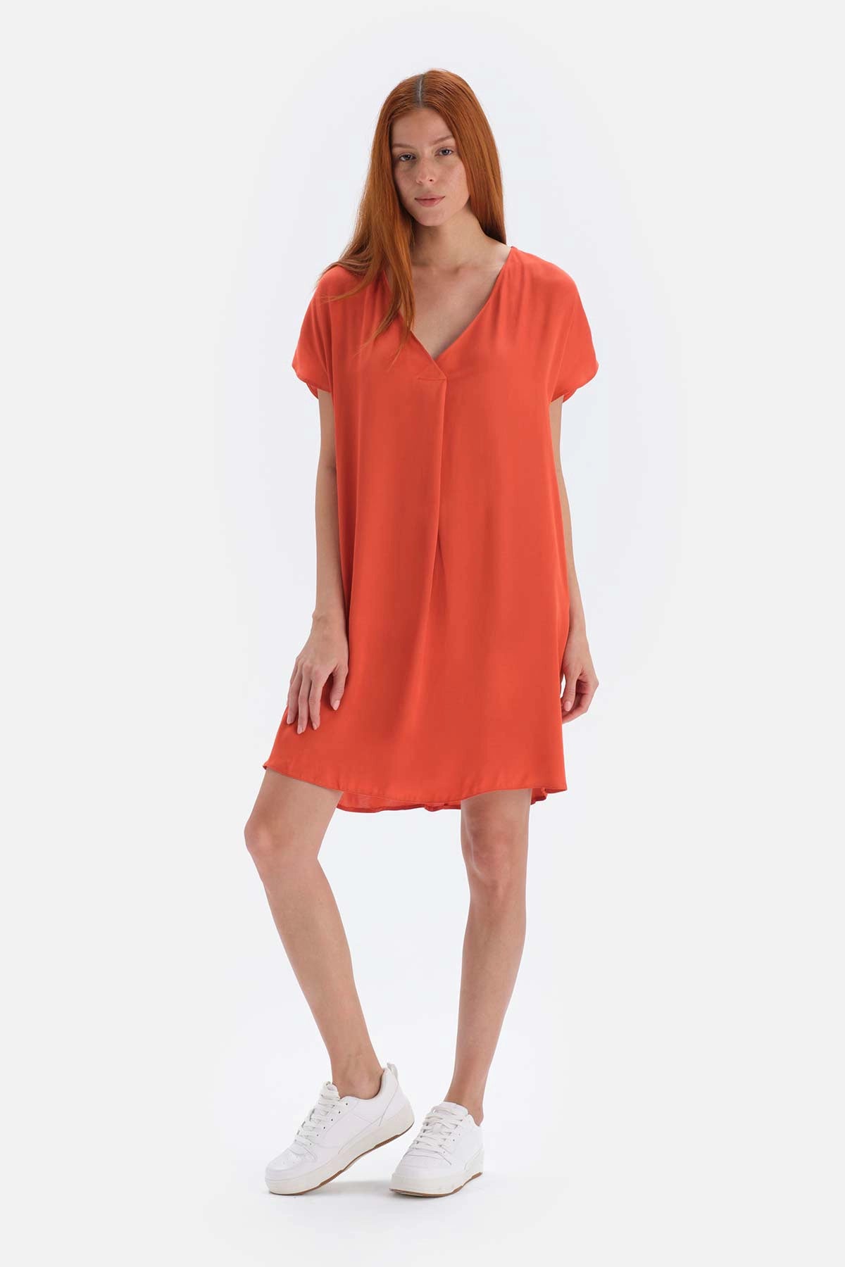 Kiremit Saten Yüzeyli Viskon Elbise