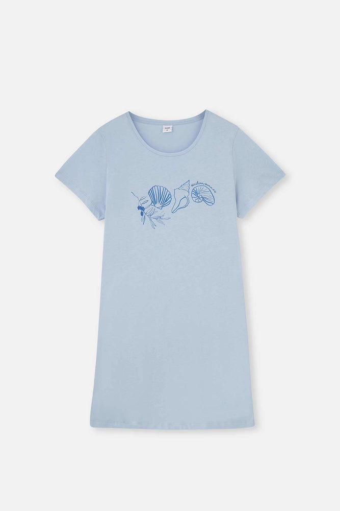 Açıkmavi Baskılı Yanları Yırtmaçlı Pamuklu Gecelik