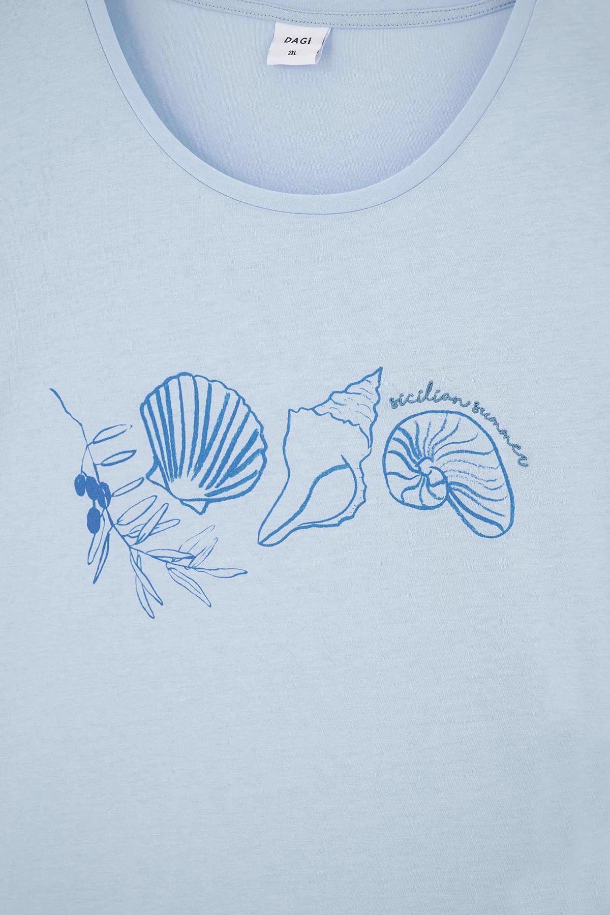 Açıkmavi Baskılı Yanları Yırtmaçlı Pamuklu Gecelik