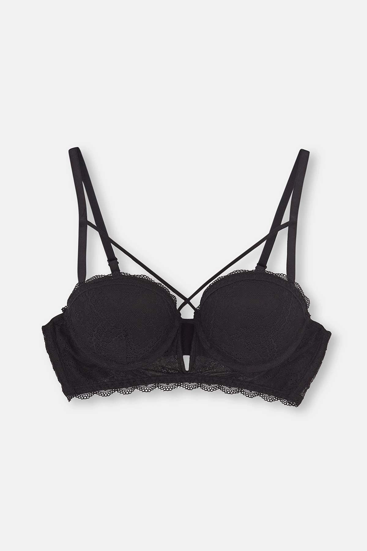 Siyah Balenli Dolgulu Dantel Detaylı Sütyen