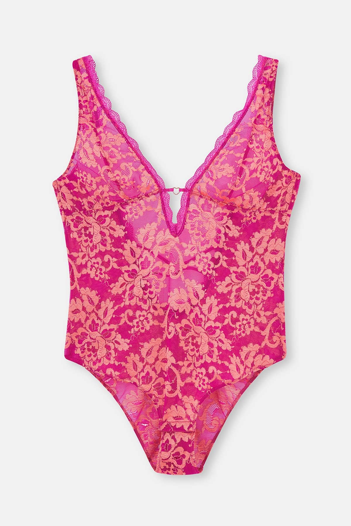 Pembe Şerit Detaylı Dantel Bodysuit