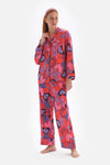 Nar Çiçeği Desenli Gömlek Yaka Saten Pijama Üstü