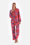 Nar Çiçeği Desenli Gömlek Yaka Saten Pijama Üstü