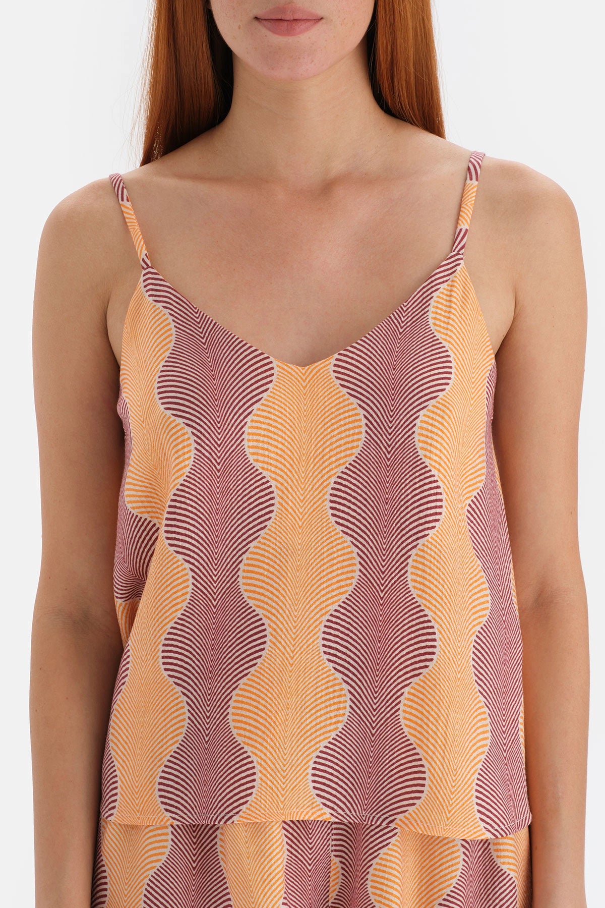 Sarı Simli Saten Atlet Pijama Üstü