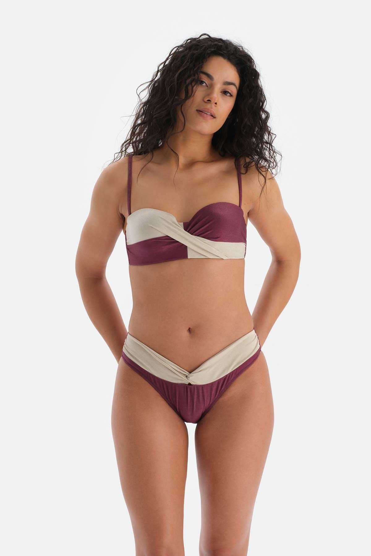 Bordo-Ekru Yüksek Bel Bikini Altı