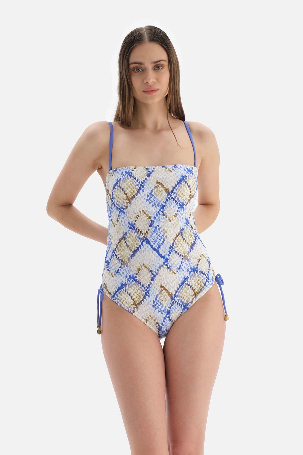 Yeşil - Mavi Straplez Bağcıklı Mayo