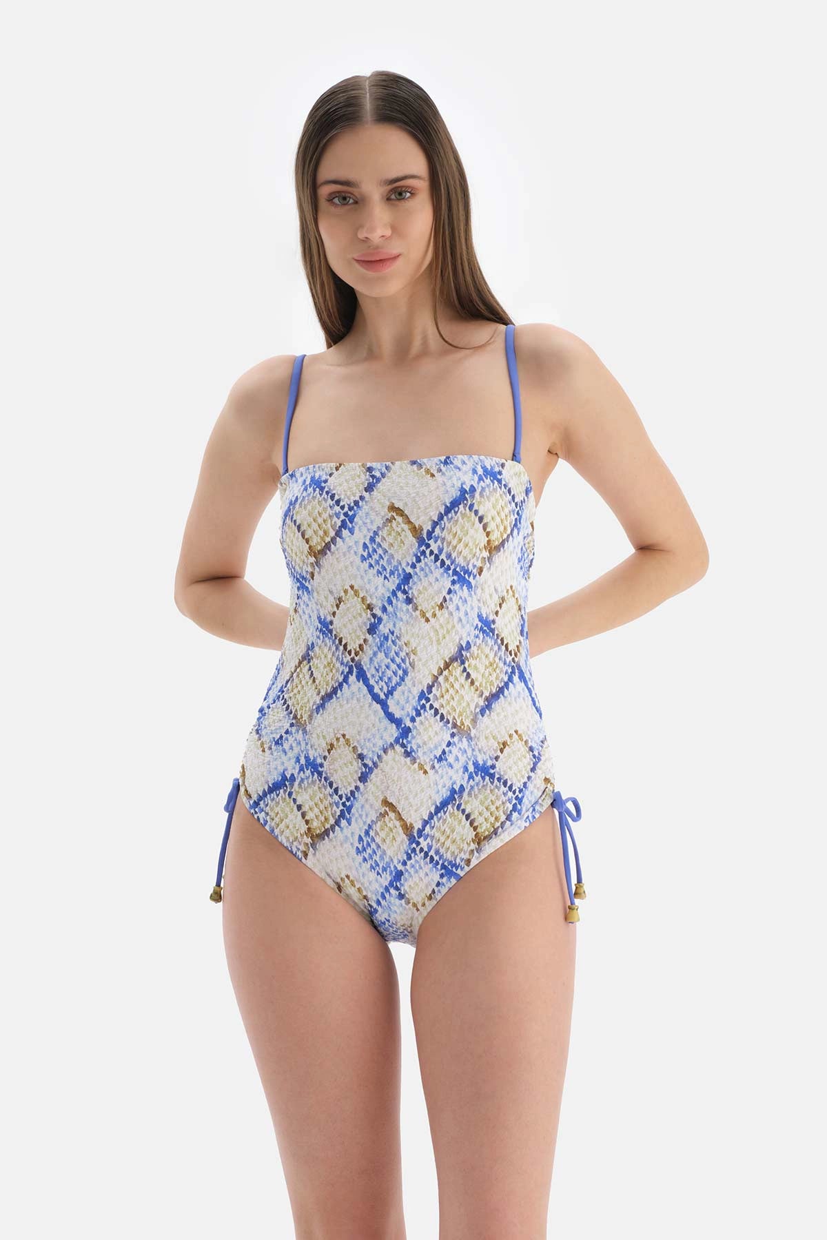 Yeşil - Mavi Straplez Bağcıklı Mayo