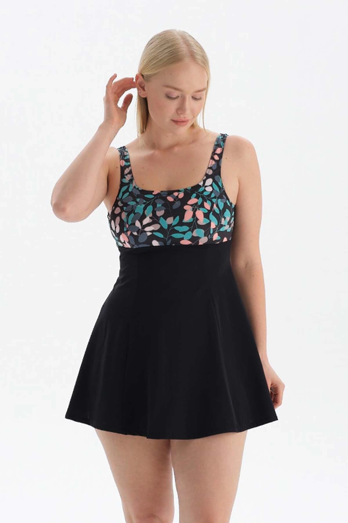 Siyah - Yeşil Korseli Toparlayıcı Etekli Mayo