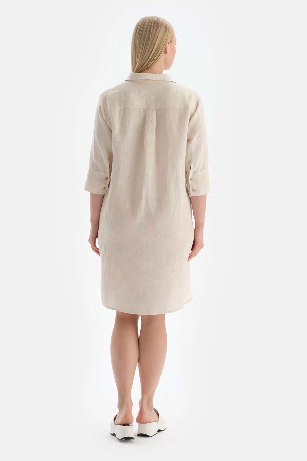 Ekru Gömlek Yaka Uzun Keten Gömlek Pareo