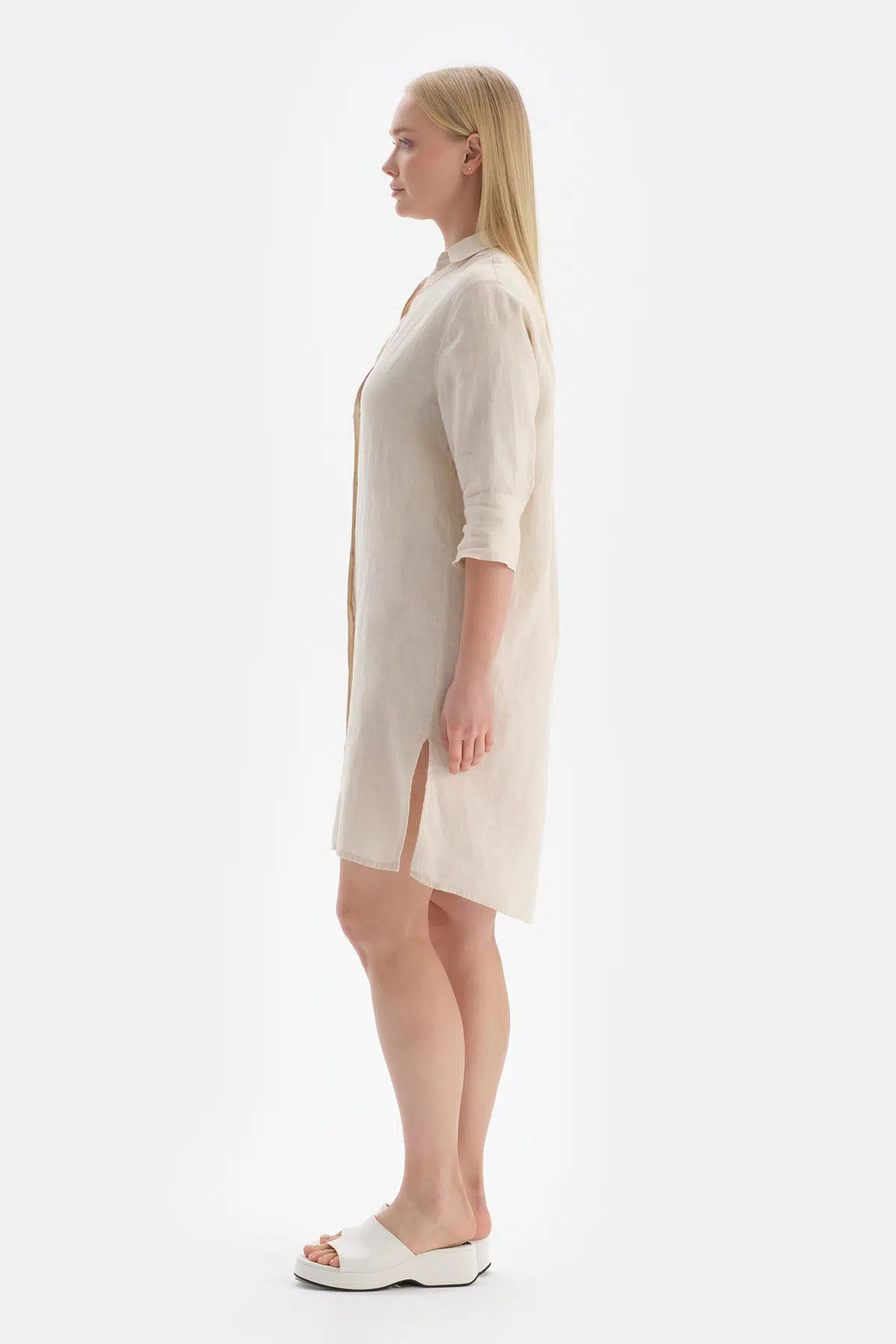 Ekru Gömlek Yaka Uzun Keten Gömlek Pareo