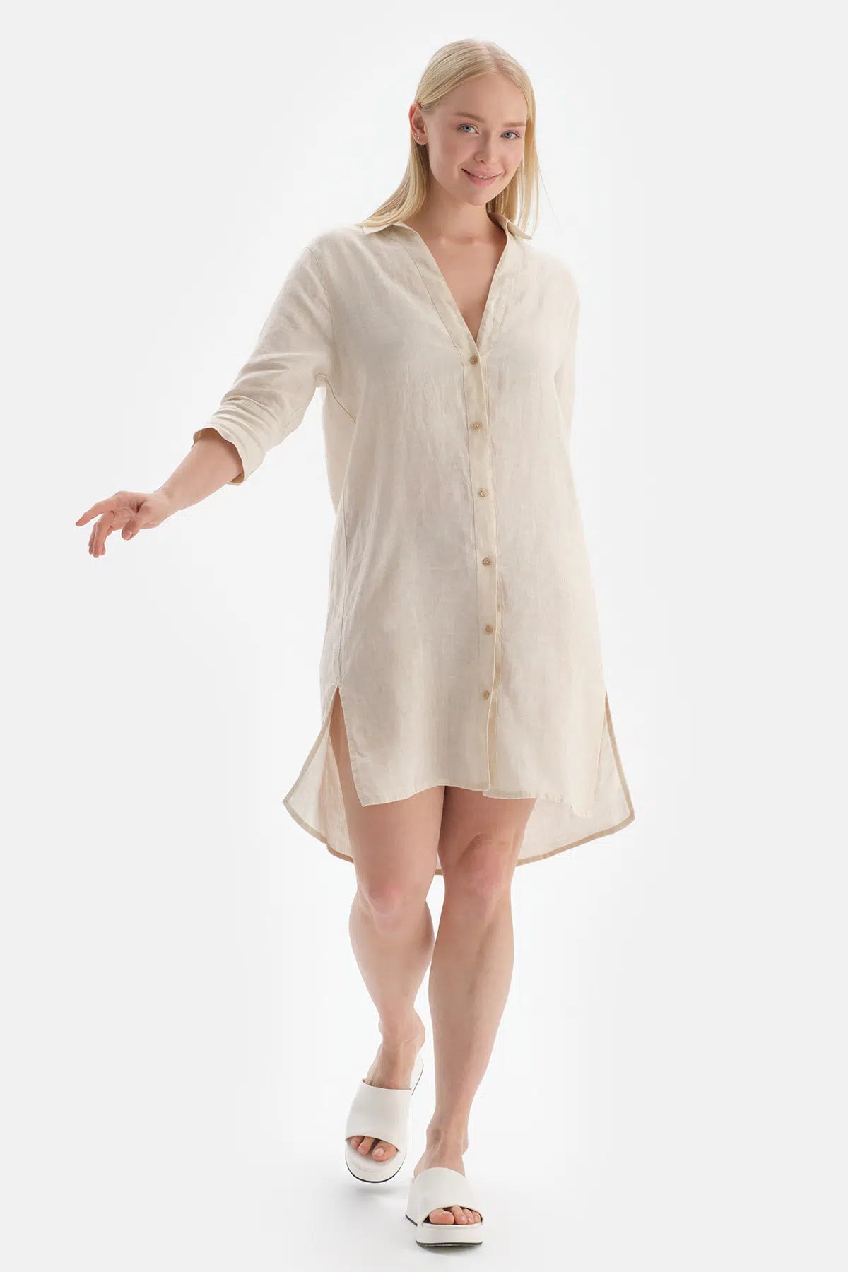 Ekru Gömlek Yaka Uzun Keten Gömlek Pareo