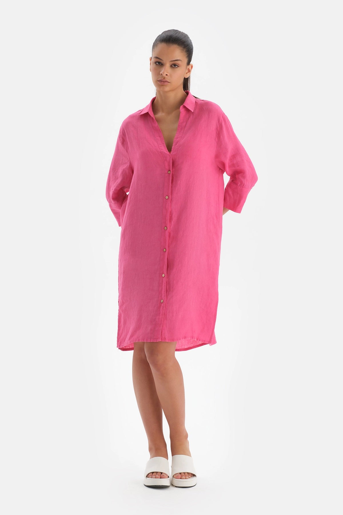 Fuşya Gömlek Yaka Uzun Keten Gömlek Pareo
