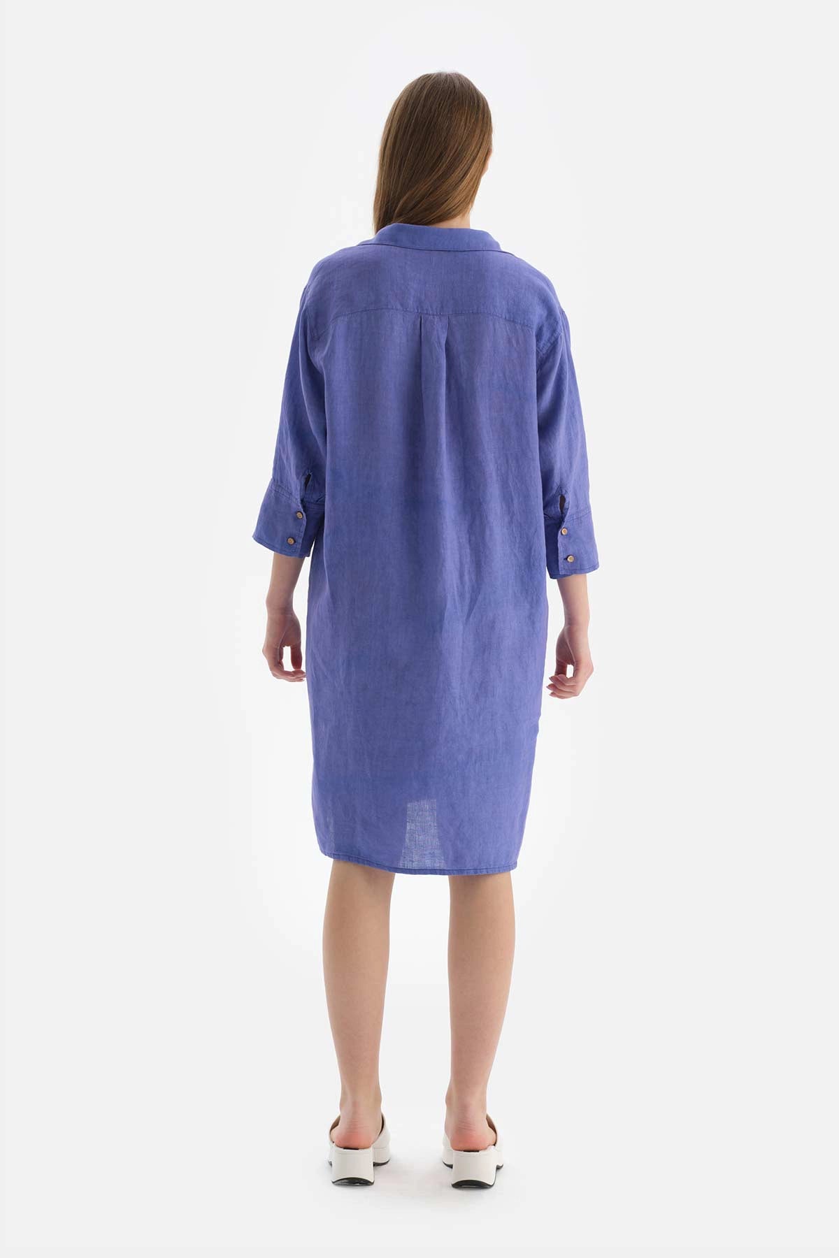 Mavi Gömlek Yaka Uzun Keten Gömlek Pareo