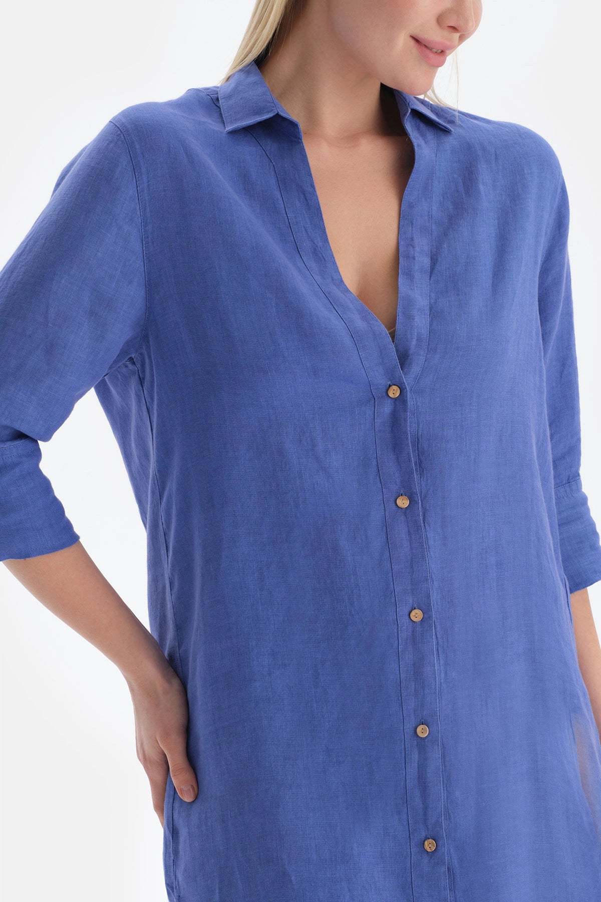 Mavi Gömlek Yaka Uzun Keten Gömlek Pareo