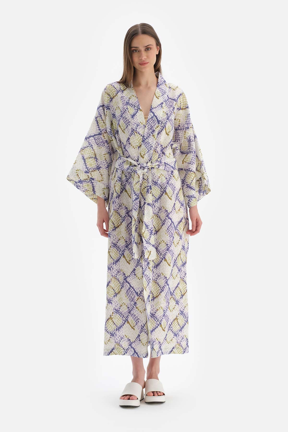 Yeşil - Mavi Keten Uzun Kimono