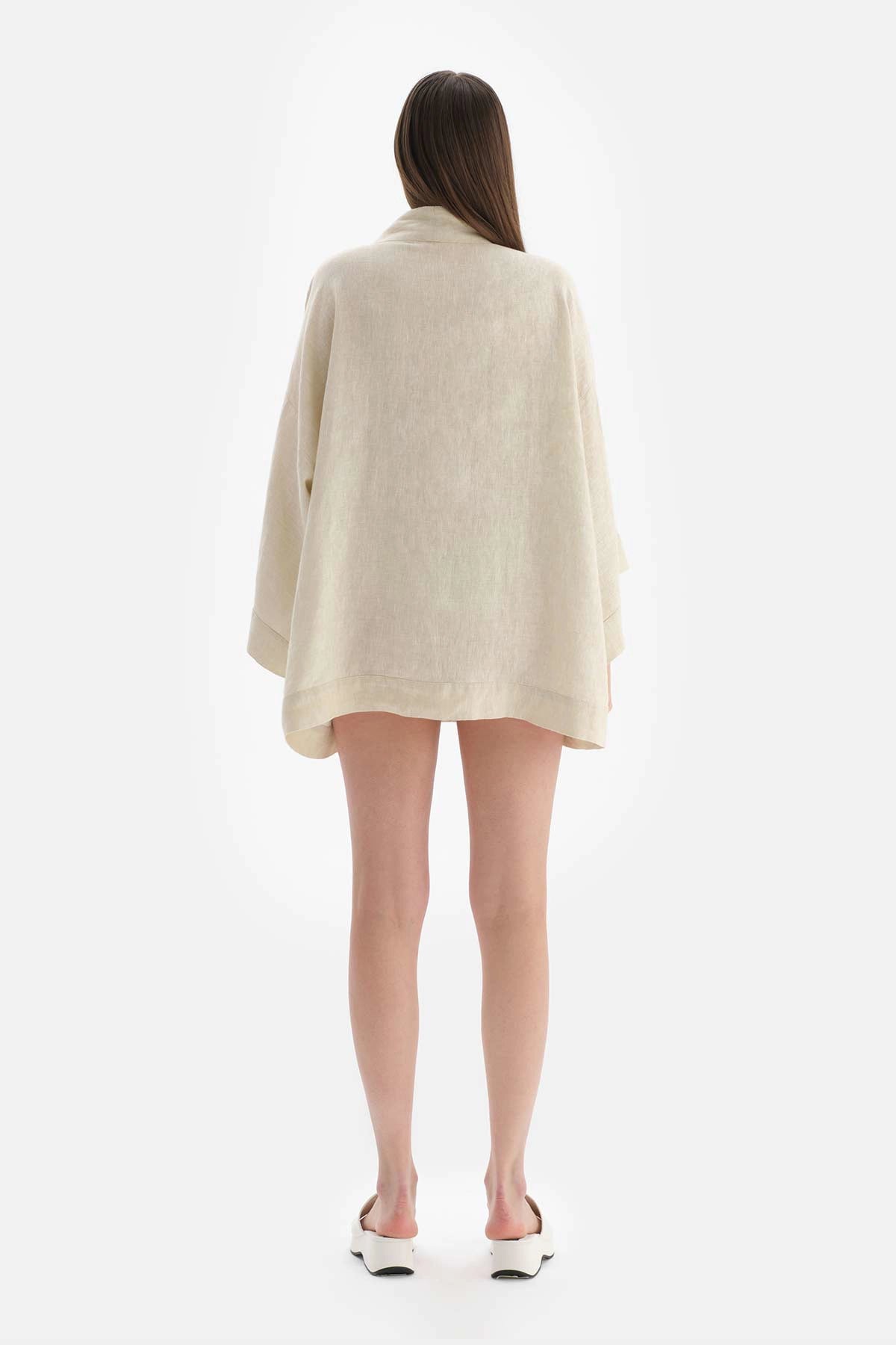 Bej Keten Kısa Kimono