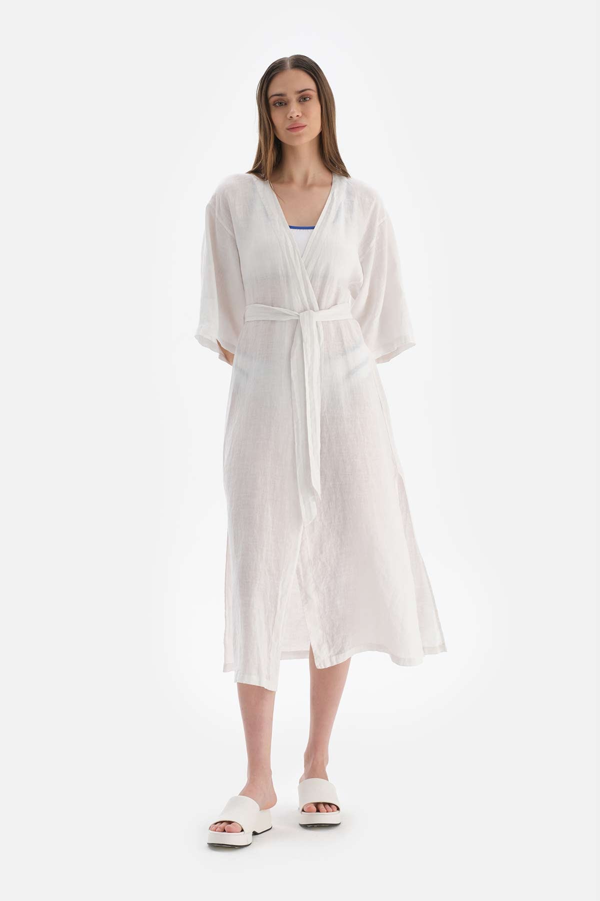 Beyaz Keten Uzun Kimono