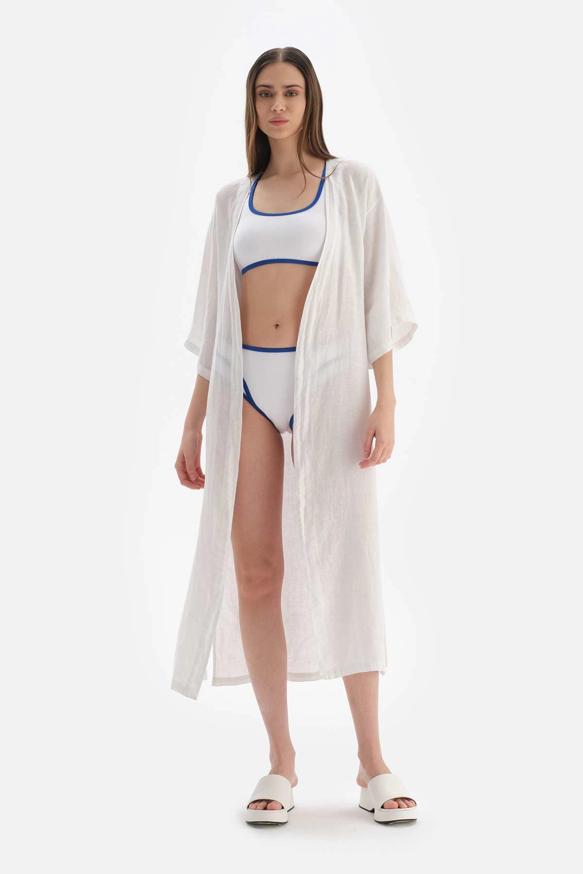 Beyaz Keten Uzun Kimono