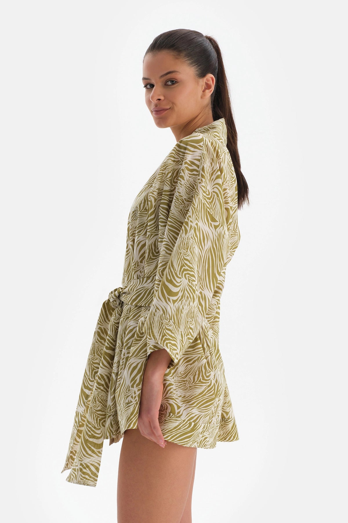 Yeşil-Beyaz Pamuklu Kimono